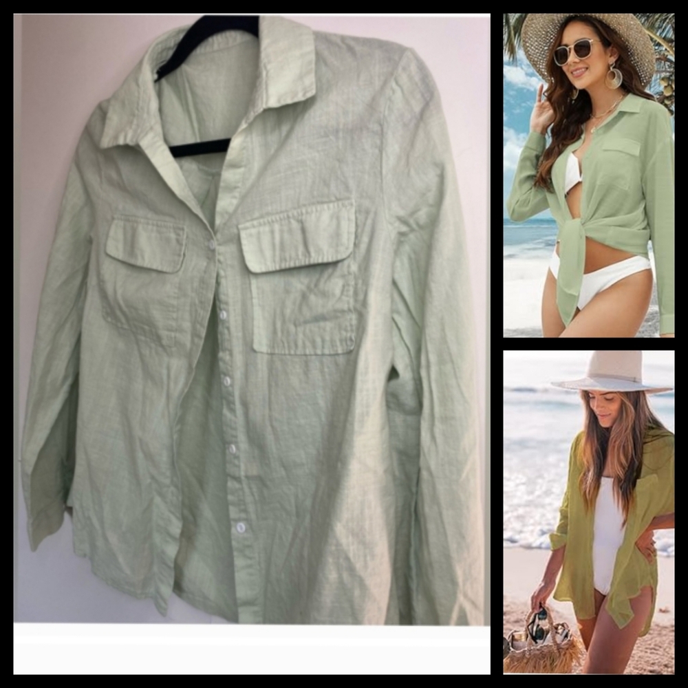 Essential Light green Flax Blend button down blouse Pockets Size XXL